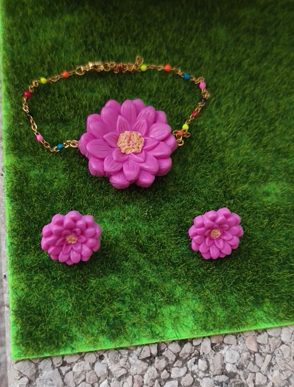 Conjunto Pendientes y Pulsera Dalia Rosa | Arcilla Polimérica