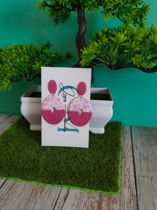 Pendientes Redondos Bicolor | Fucsia y Blanco con Estampado Floral