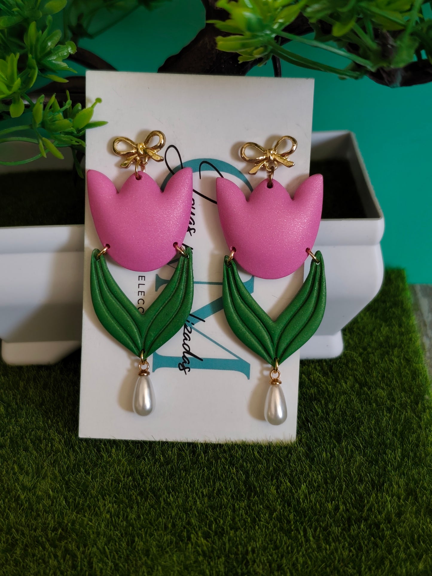 Pendientes Tulipán Rosa con Perla Colgante | Diseño Único