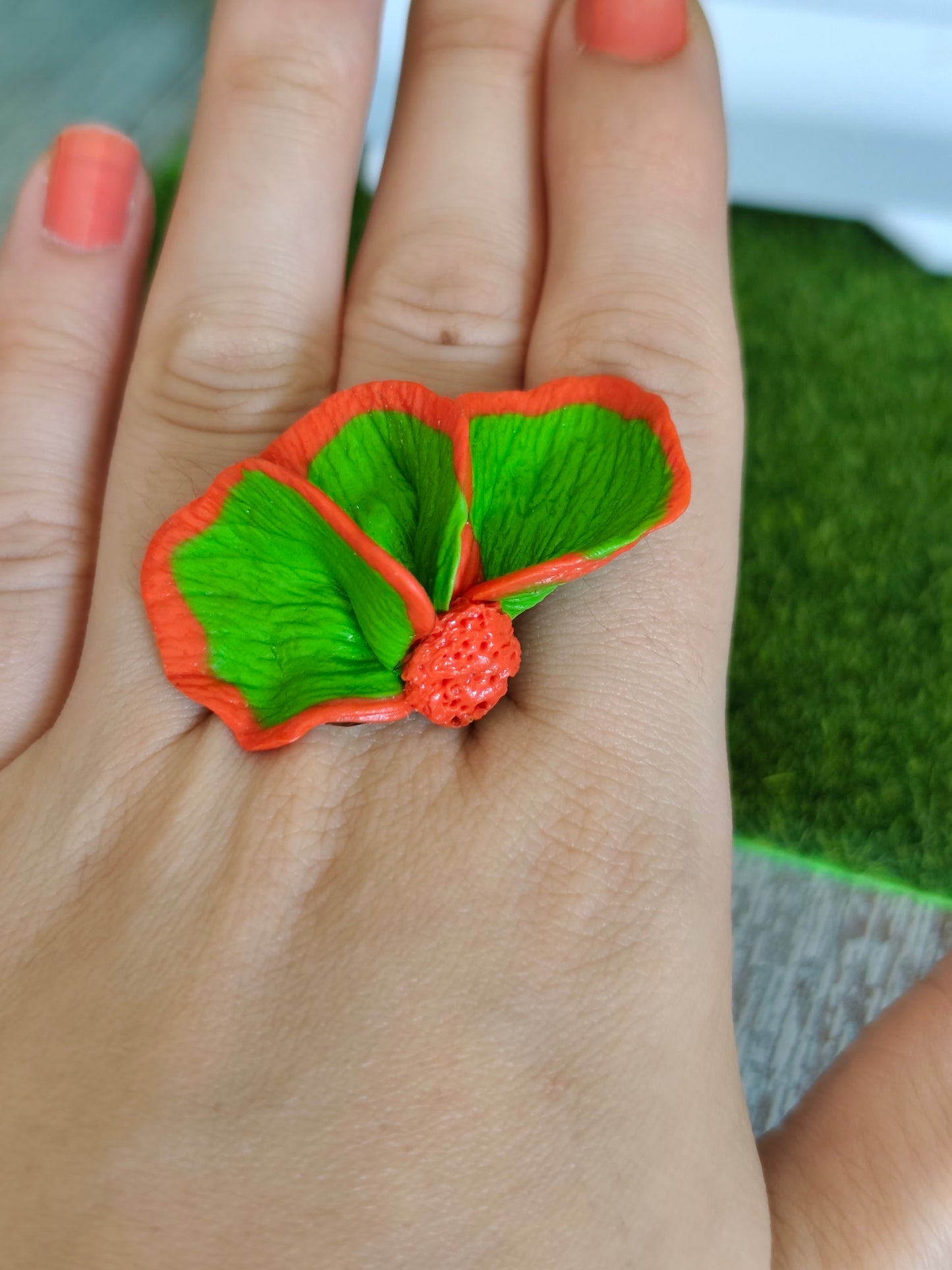 Anillo Media Flor Naranja y Verde Lima | Talla Ajustable | Acero