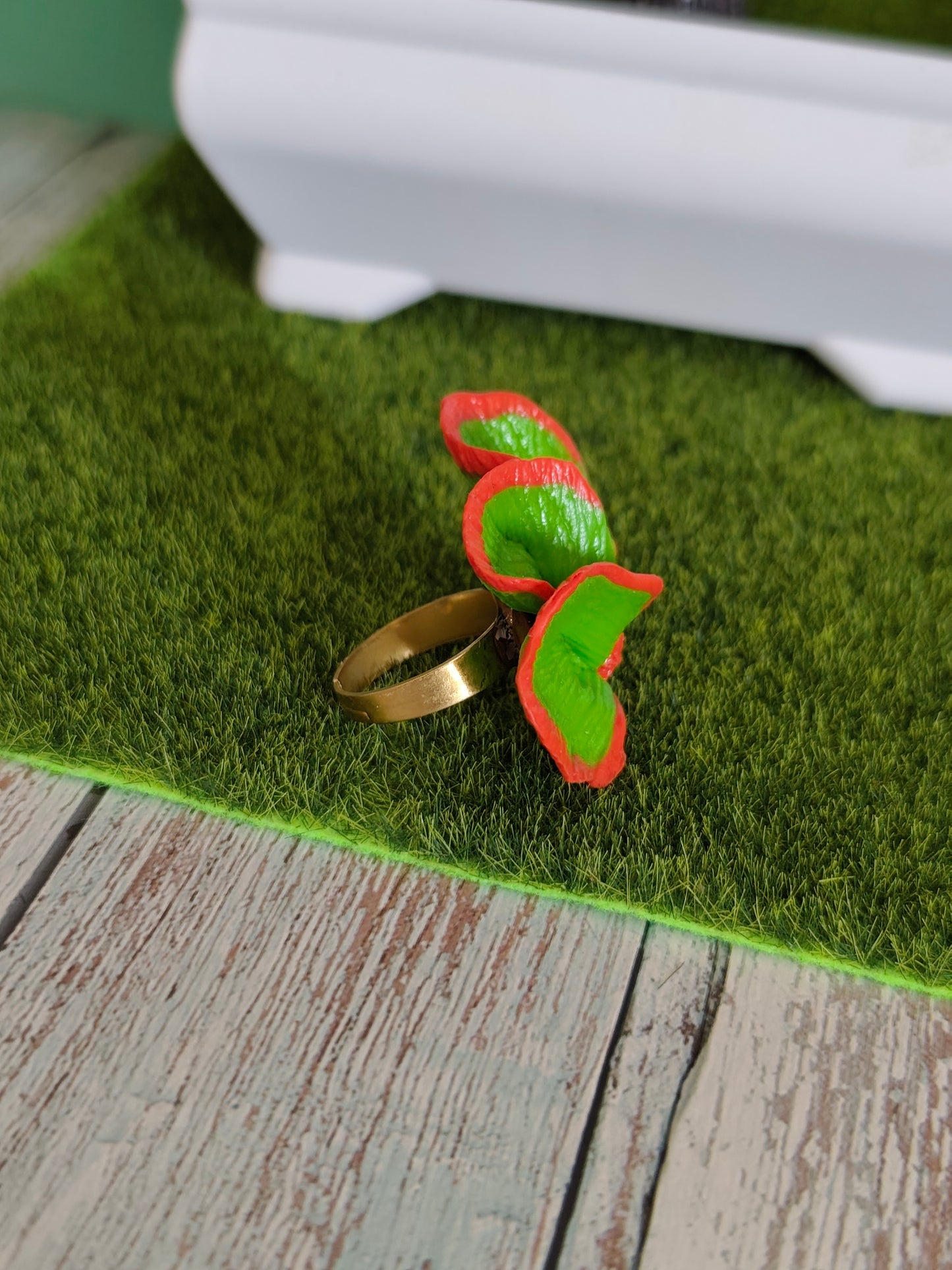 Anillo Media Flor Naranja y Verde Lima | Talla Ajustable | Acero