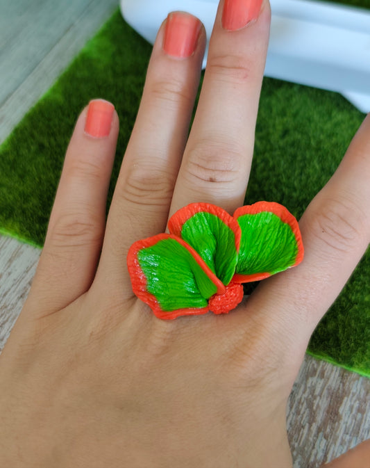 Anillo Media Flor Naranja y Verde Lima | Talla Ajustable | Acero