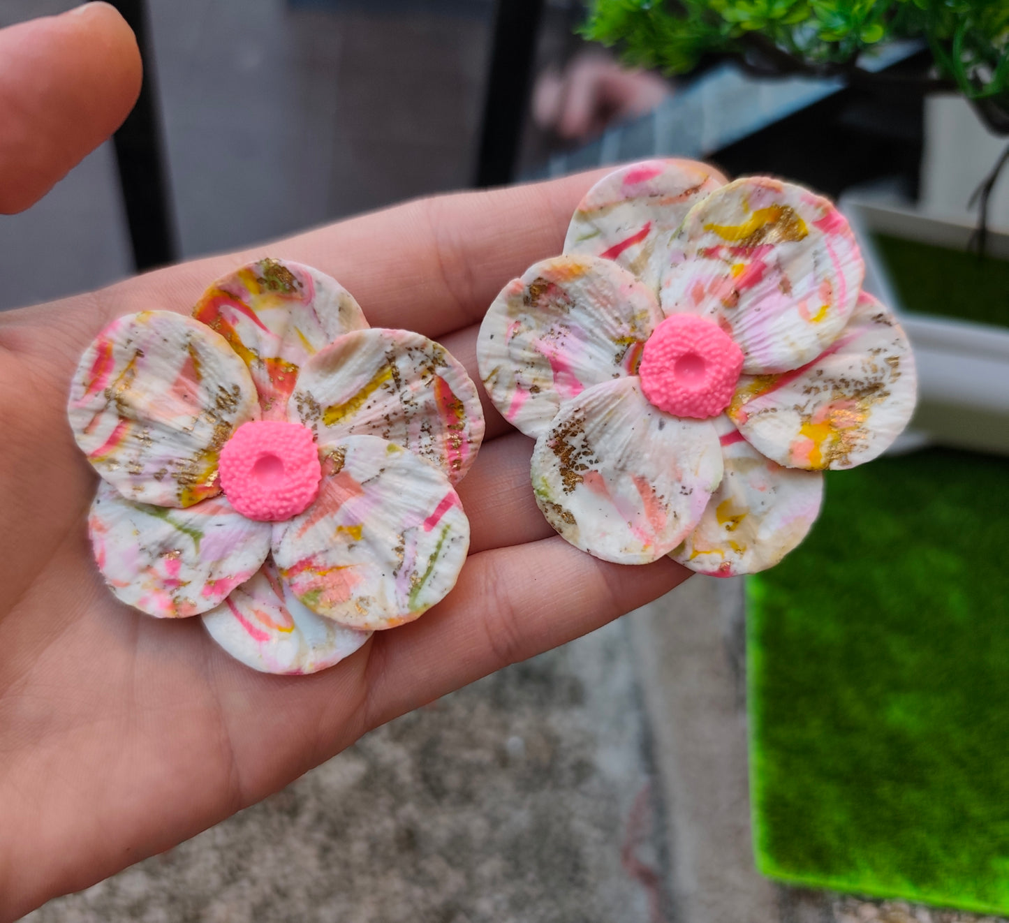 Pendientes Acuarela | Flor Grande Mármol Multicolor | Arcilla Polimérica | Hecha a Mano