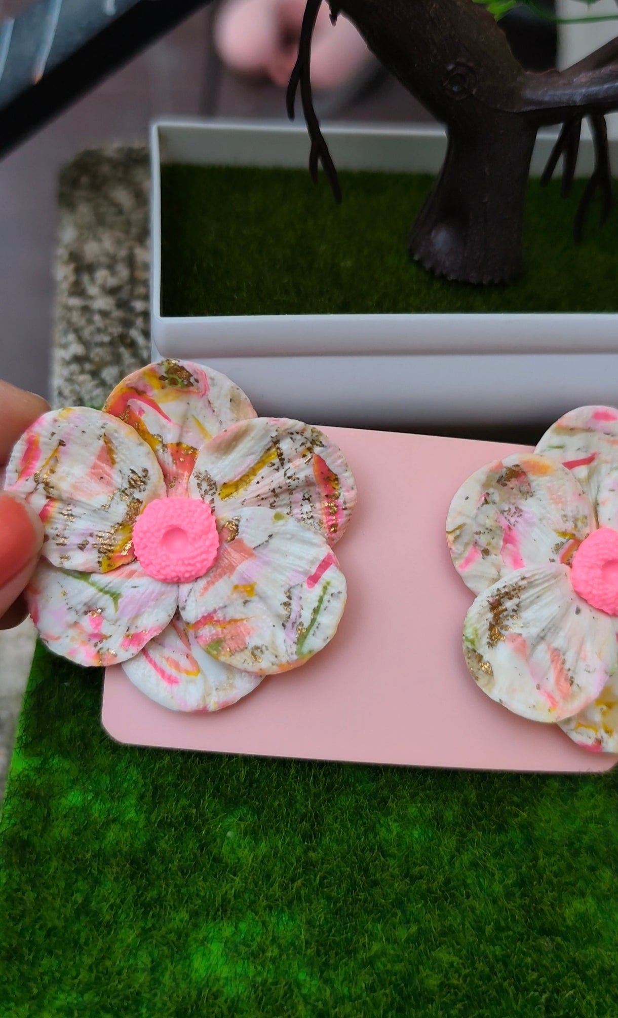 Pendientes Acuarela | Flor Grande Mármol Multicolor | Arcilla Polimérica | Hecha a Mano