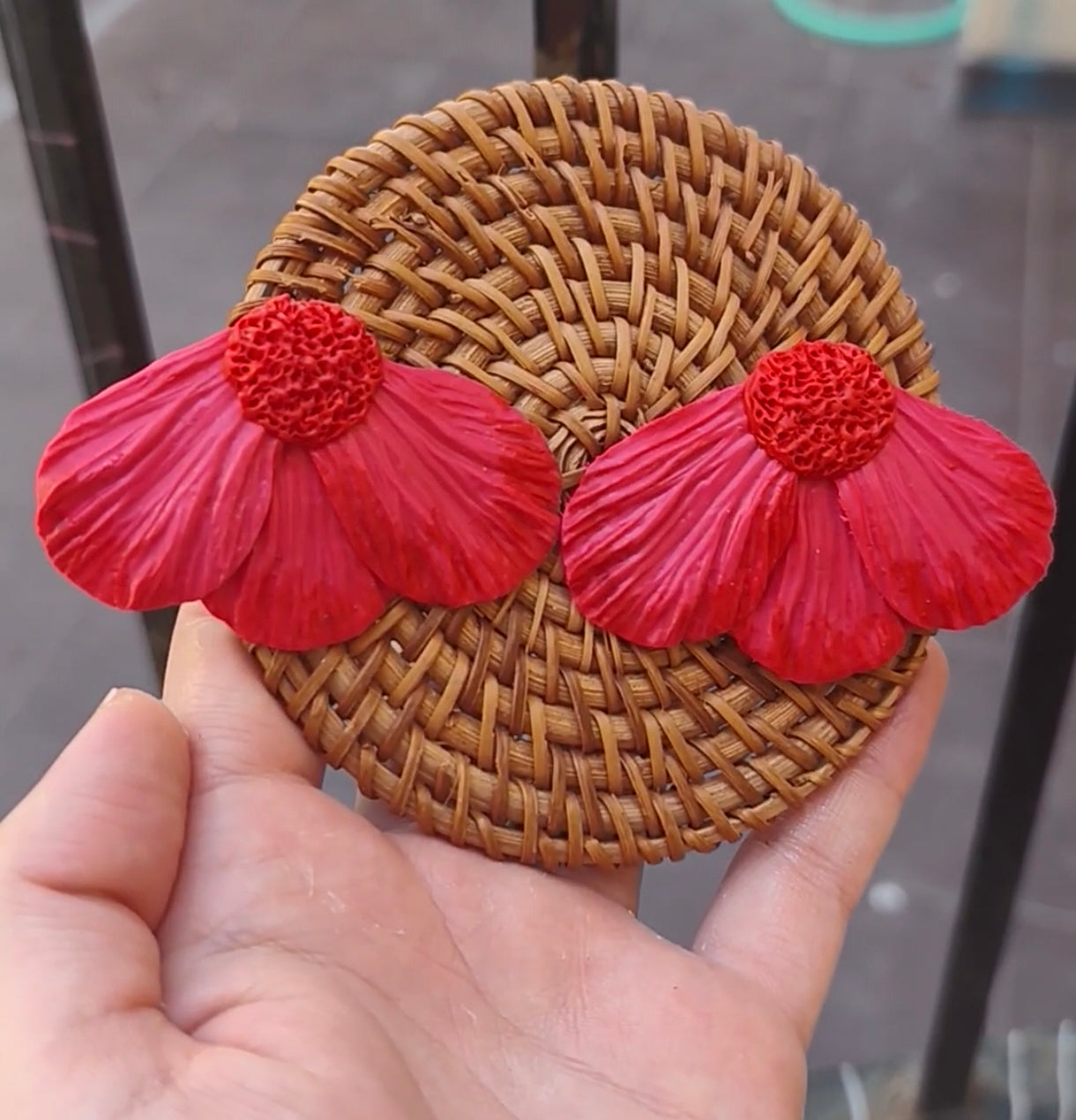 Pendientes Media Flor Fucsia y Roja | Arcilla Polimérica