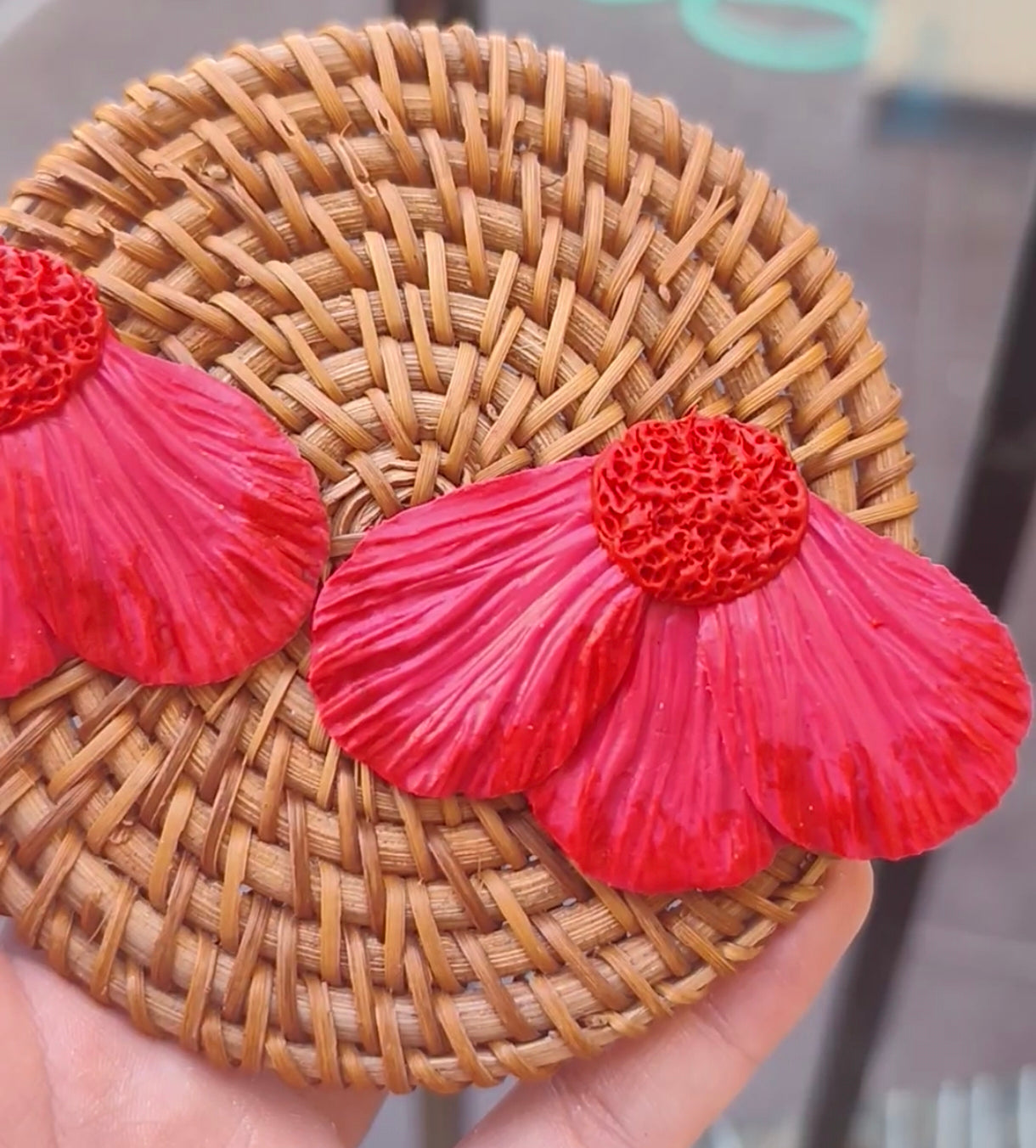 Pendientes Media Flor Fucsia y Roja | Arcilla Polimérica