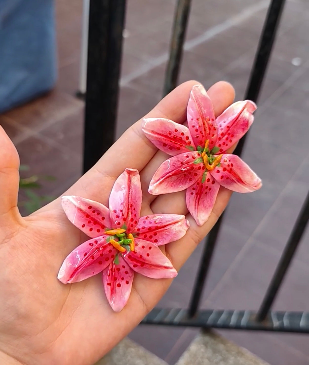 Pendientes Lirio Tropical | Rosa y Naranja | Arcilla Polimérica