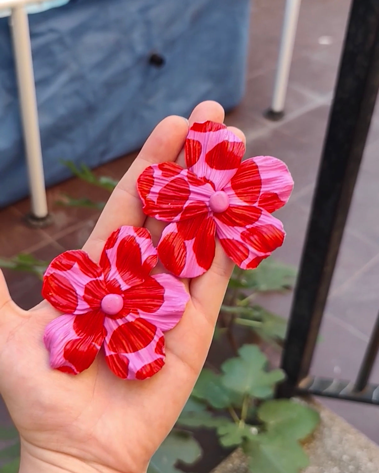 Pendientes Flor 5 Pétalos Fucsia y Rojo