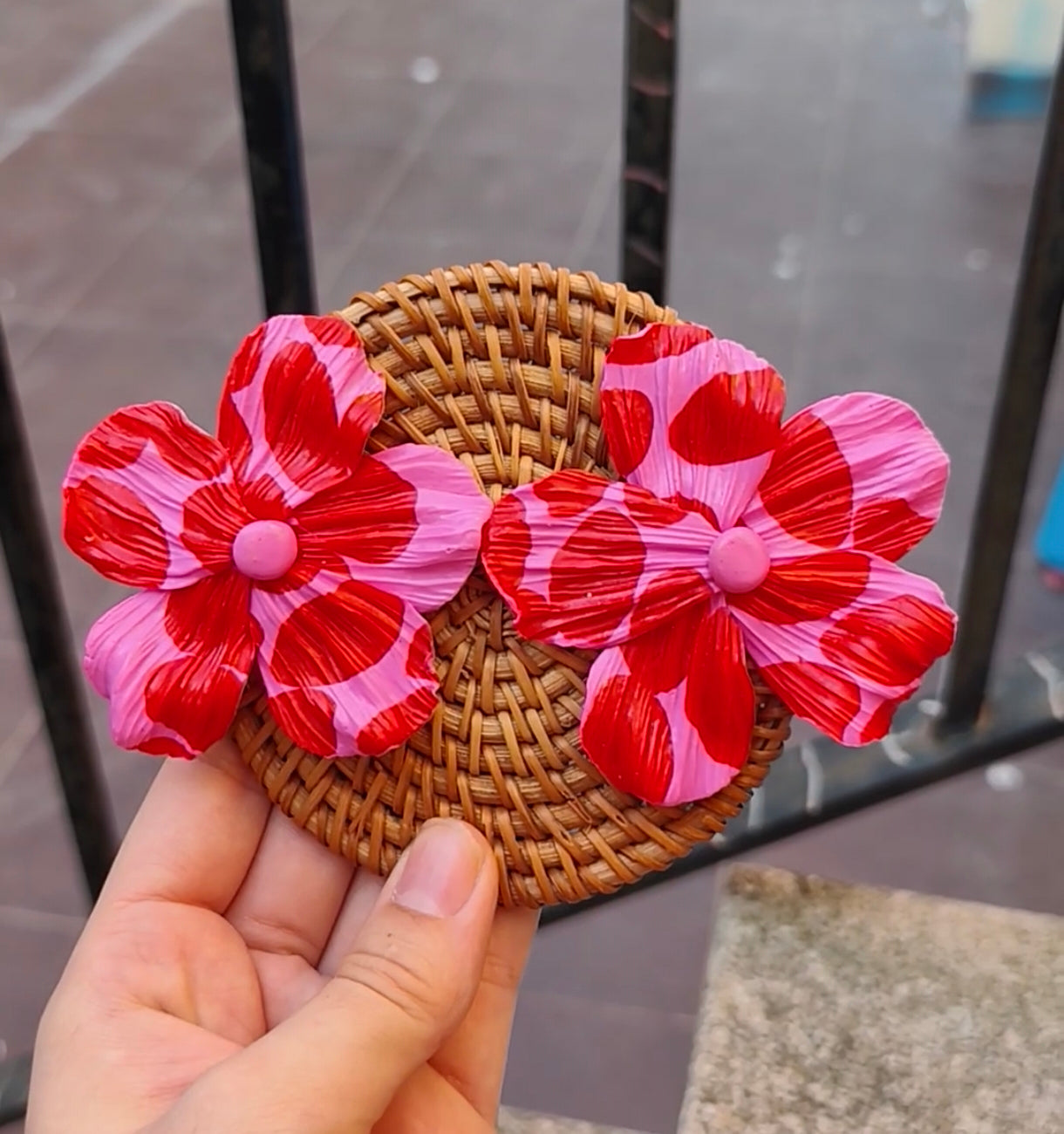 Pendientes Flor 5 Pétalos Fucsia y Rojo