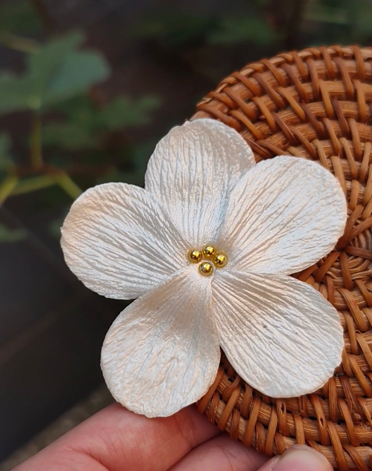 Pendientes Flor 5 Pétalos Blanco Nácar con Bolitas doradas
