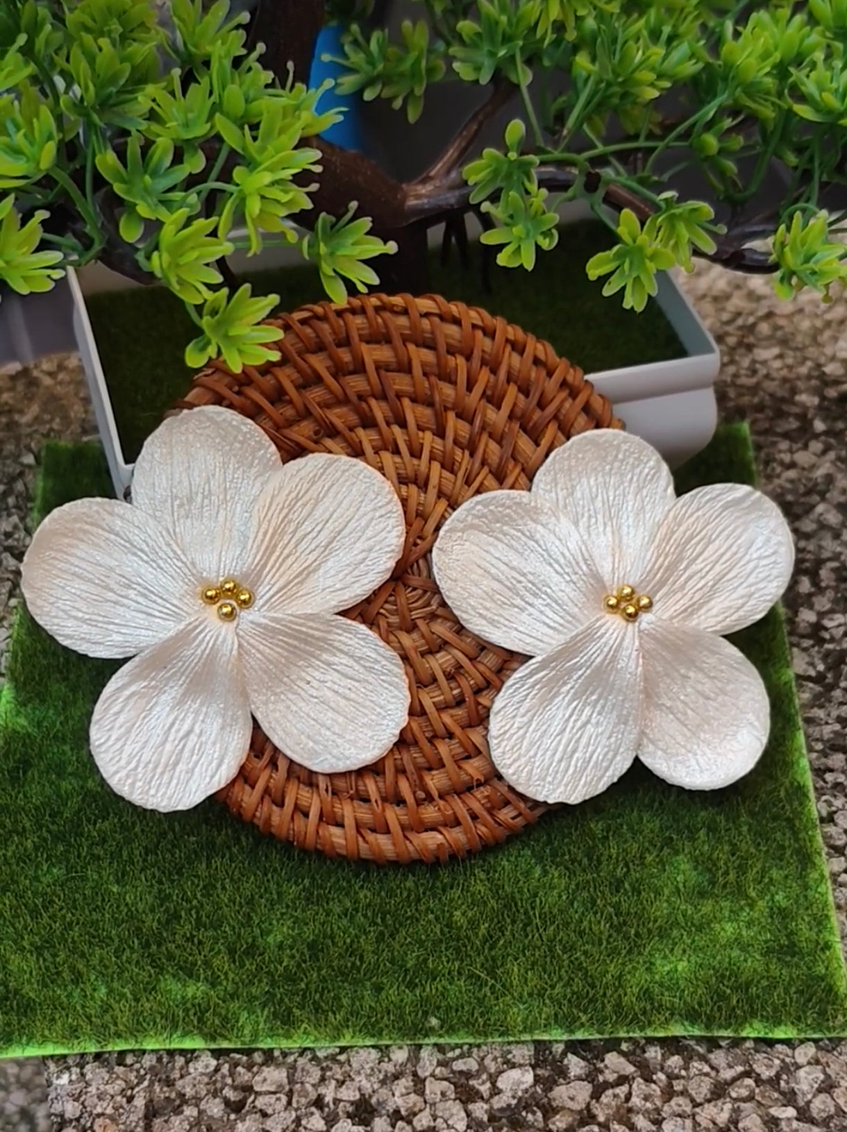 Pendientes Flor 5 Pétalos Blanco Nácar con Bolitas doradas
