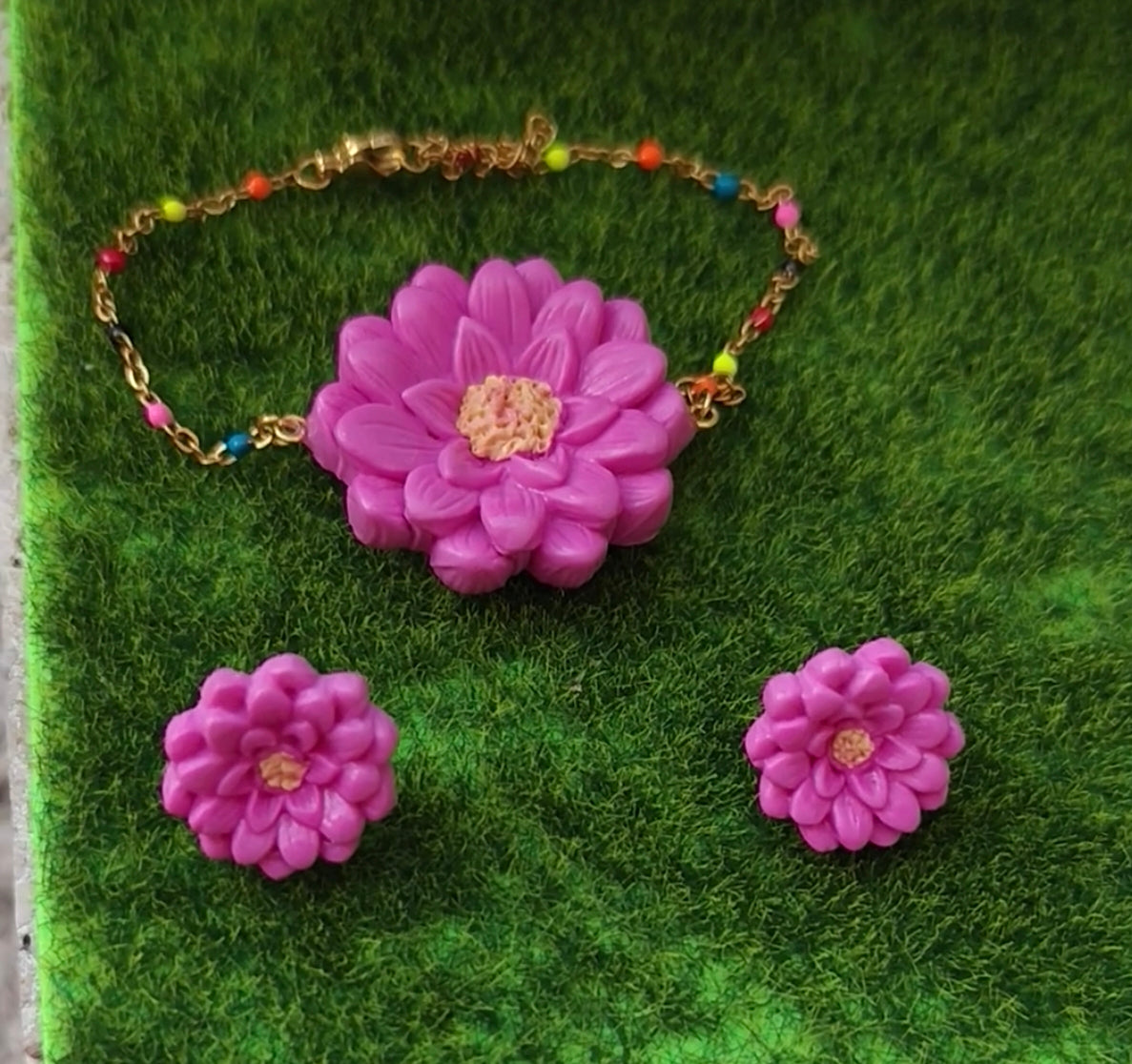 Conjunto Pendientes y Pulsera Dalia Rosa | Arcilla Polimérica