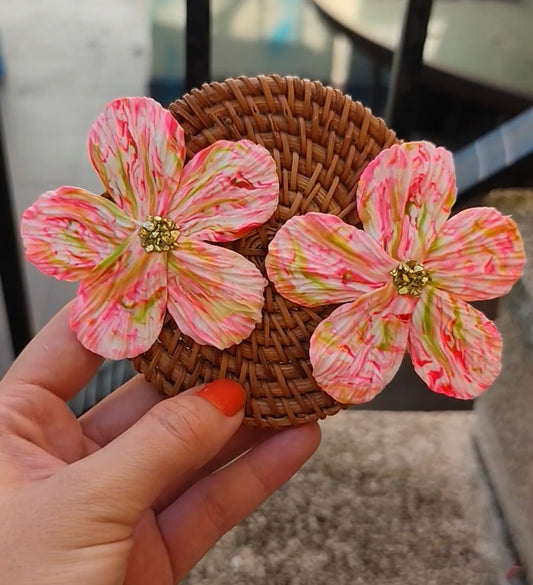 Pendientes Maxi Flor Artesanales – Rosa y Lima | Arcilla Polimérica