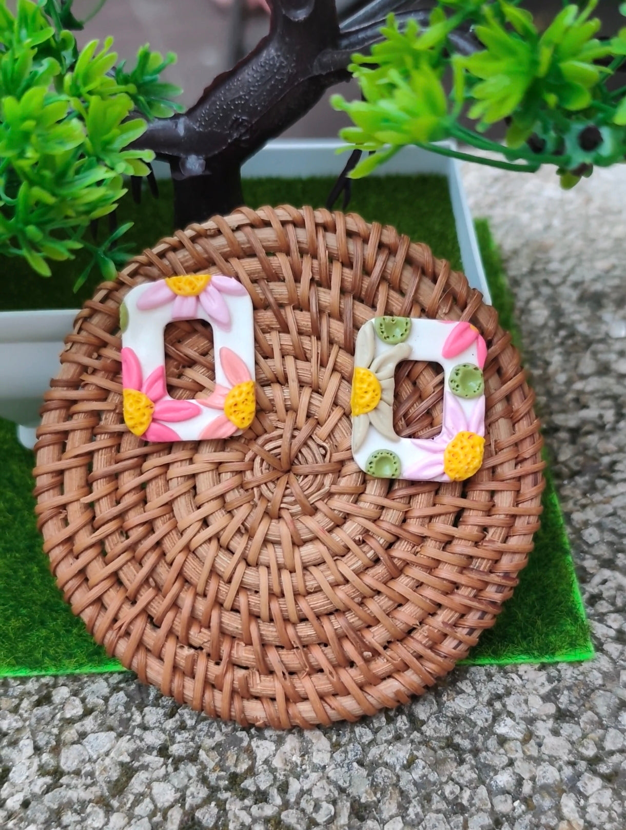 Pendientes Rectángulo Floral | Edición Única | Arcilla Polimérica | Hecha a Mano