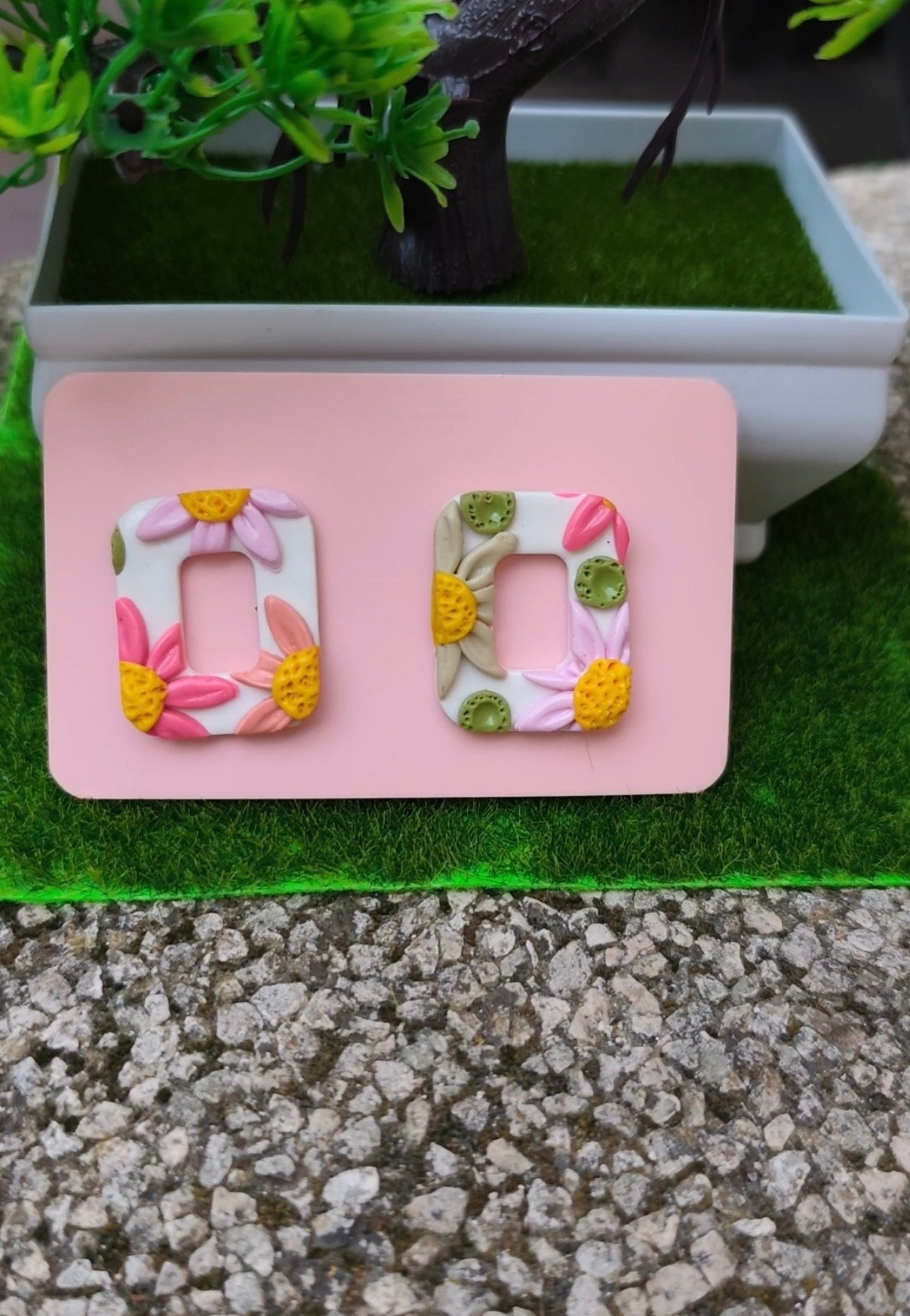 Pendientes Rectángulo Floral | Edición Única | Arcilla Polimérica | Hecha a Mano
