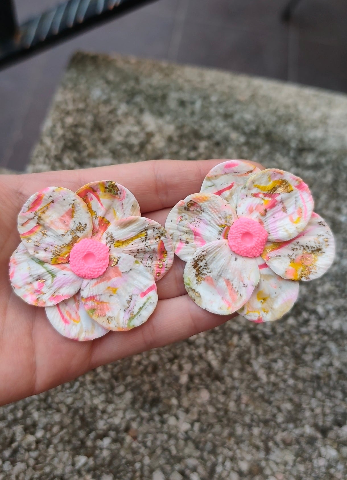 Pendientes Acuarela | Flor Grande Mármol Multicolor | Arcilla Polimérica | Hecha a Mano